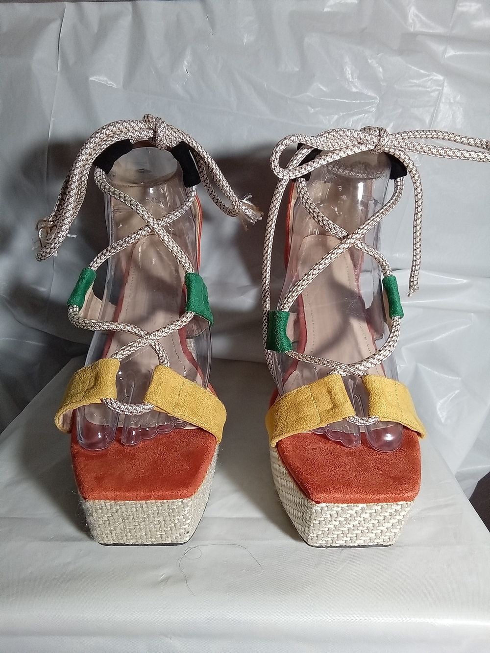 Block Heel Colorblock Espadrille Platform Sandals. Yellow, Green & Orange